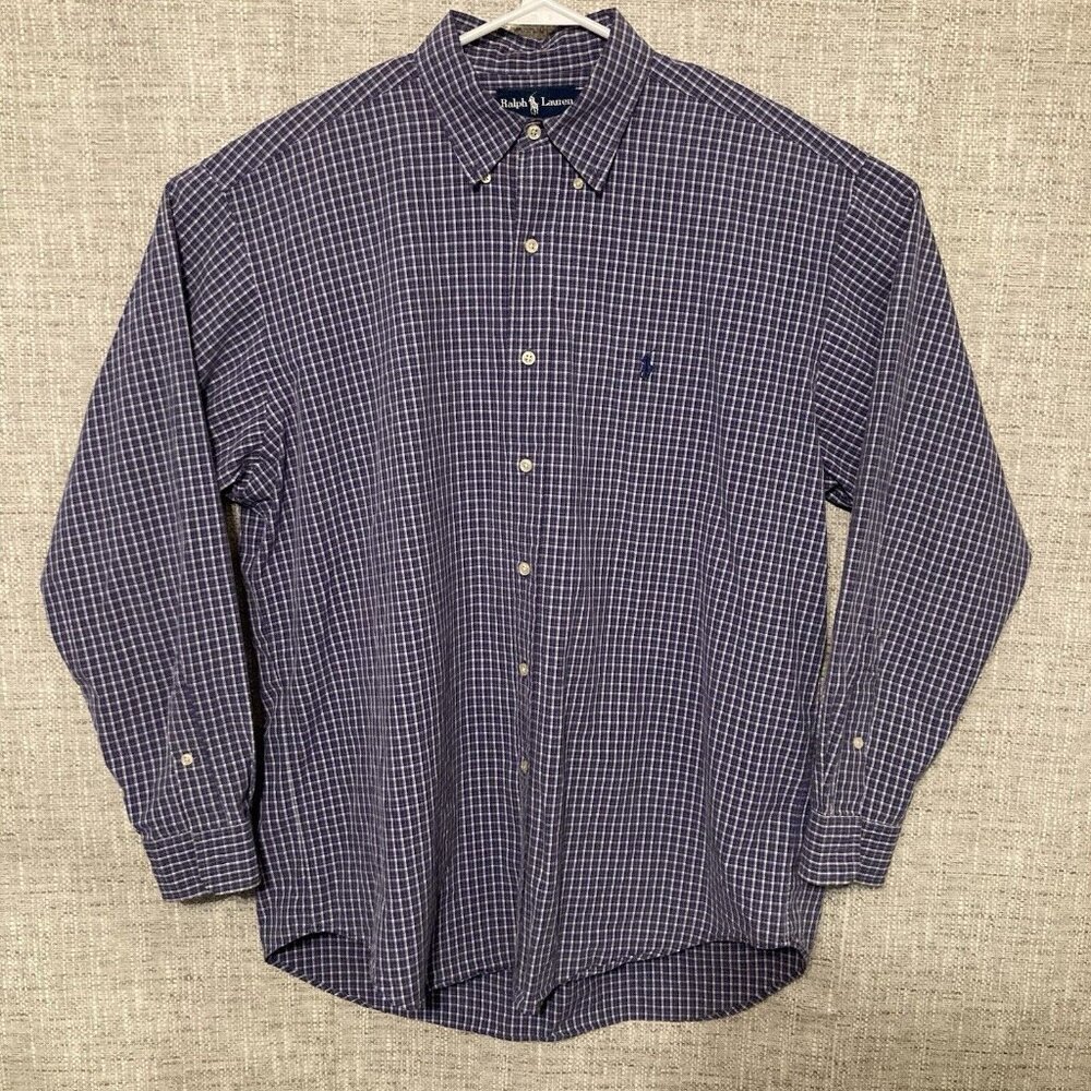 Ralph Lauren Large Button Down Shirt Short Sleeve Grid Checked Cotton Blake